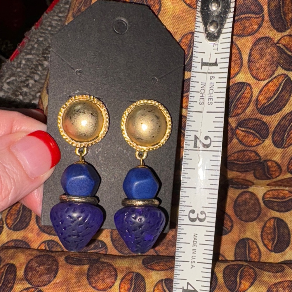 Unique Gold and Blue Statement pierced Earrings w/ strawberries on bottom